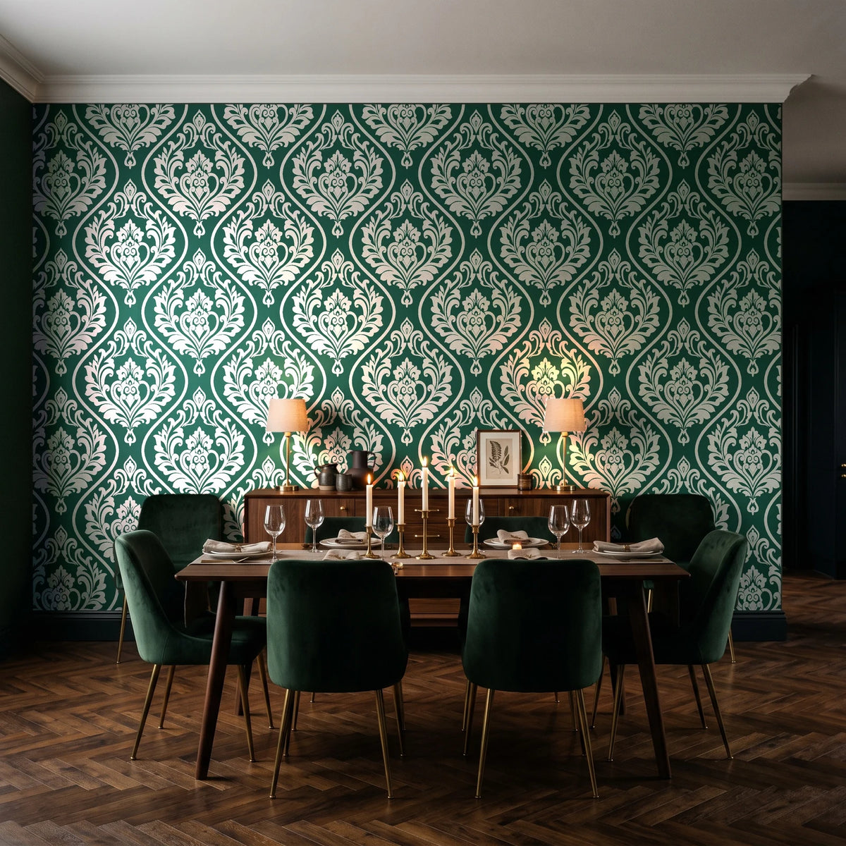 Secret Arbor Emerald damask wallpaper in a dark moody dining room with a candlelit table