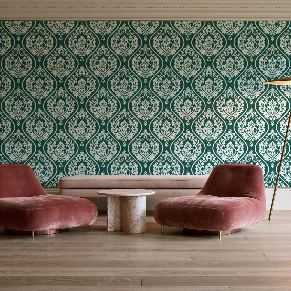 Secret Arbor Emerald damask wallpaper in a boutique hotel sitting area