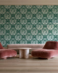 Secret Arbor Emerald damask wallpaper in a boutique hotel sitting area