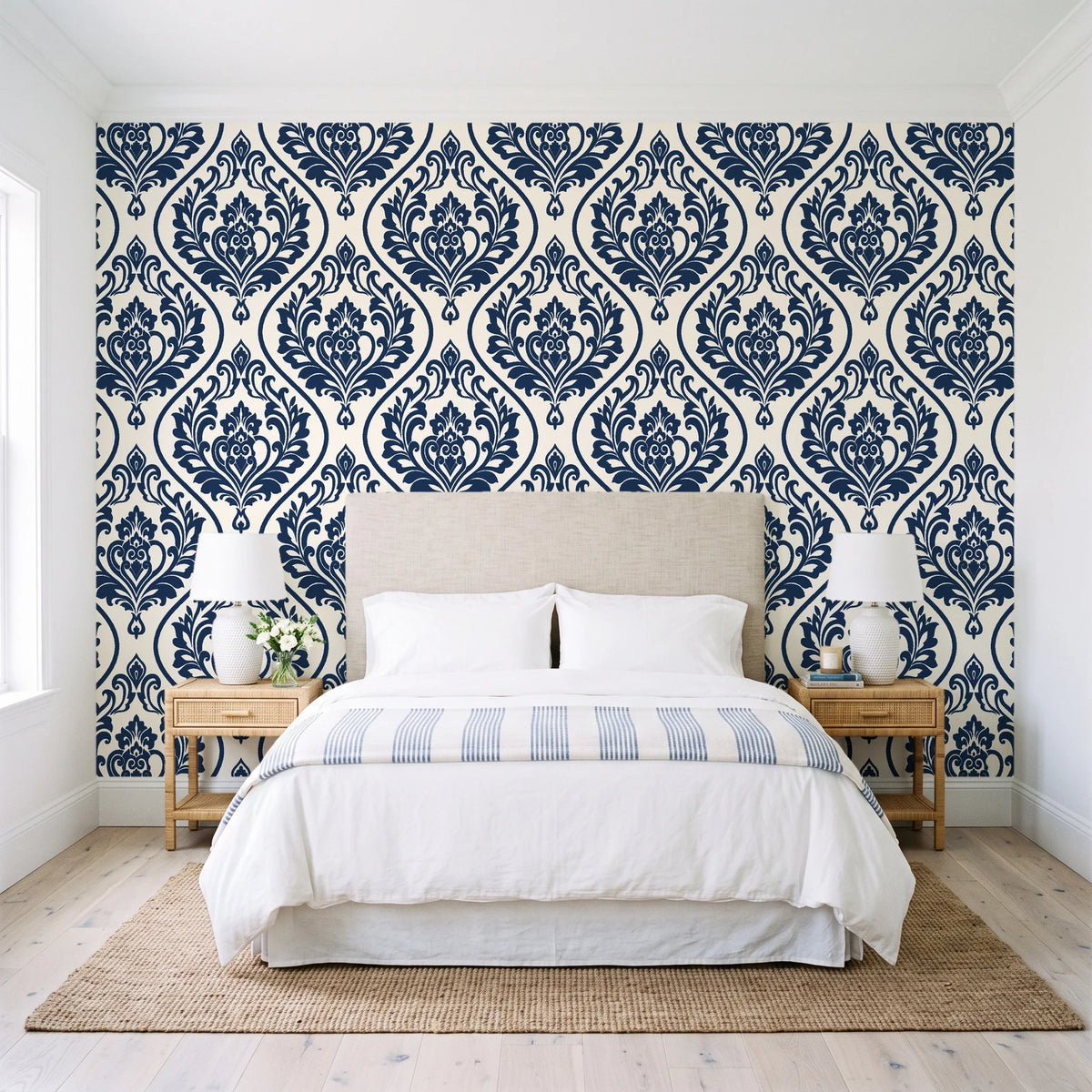 Secret Arbor Midnight damask wallpaper behind a queen bed in a bright coastal bedroom