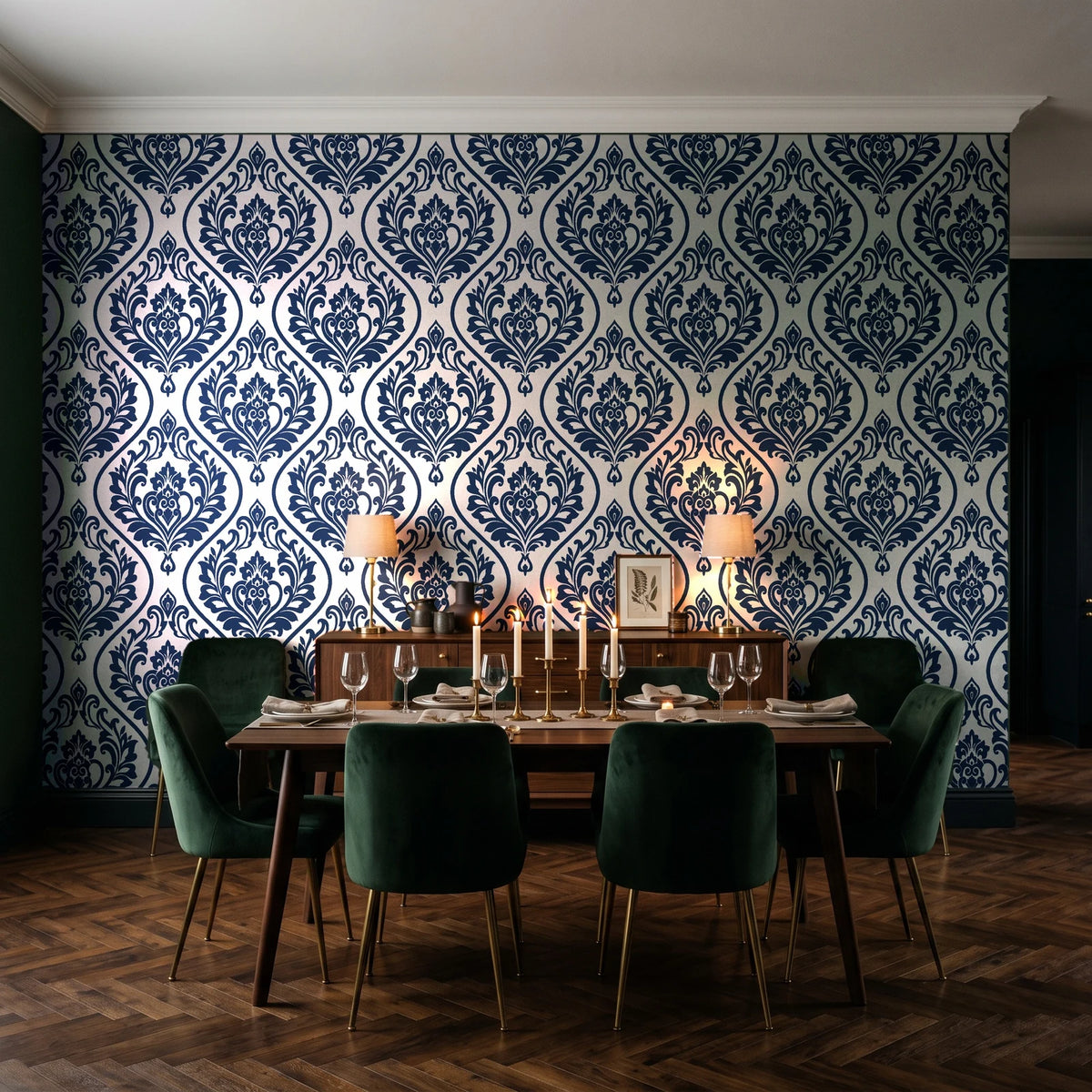 Secret Arbor Midnight damask wallpaper in a dark moody dining room with a candlelit table
