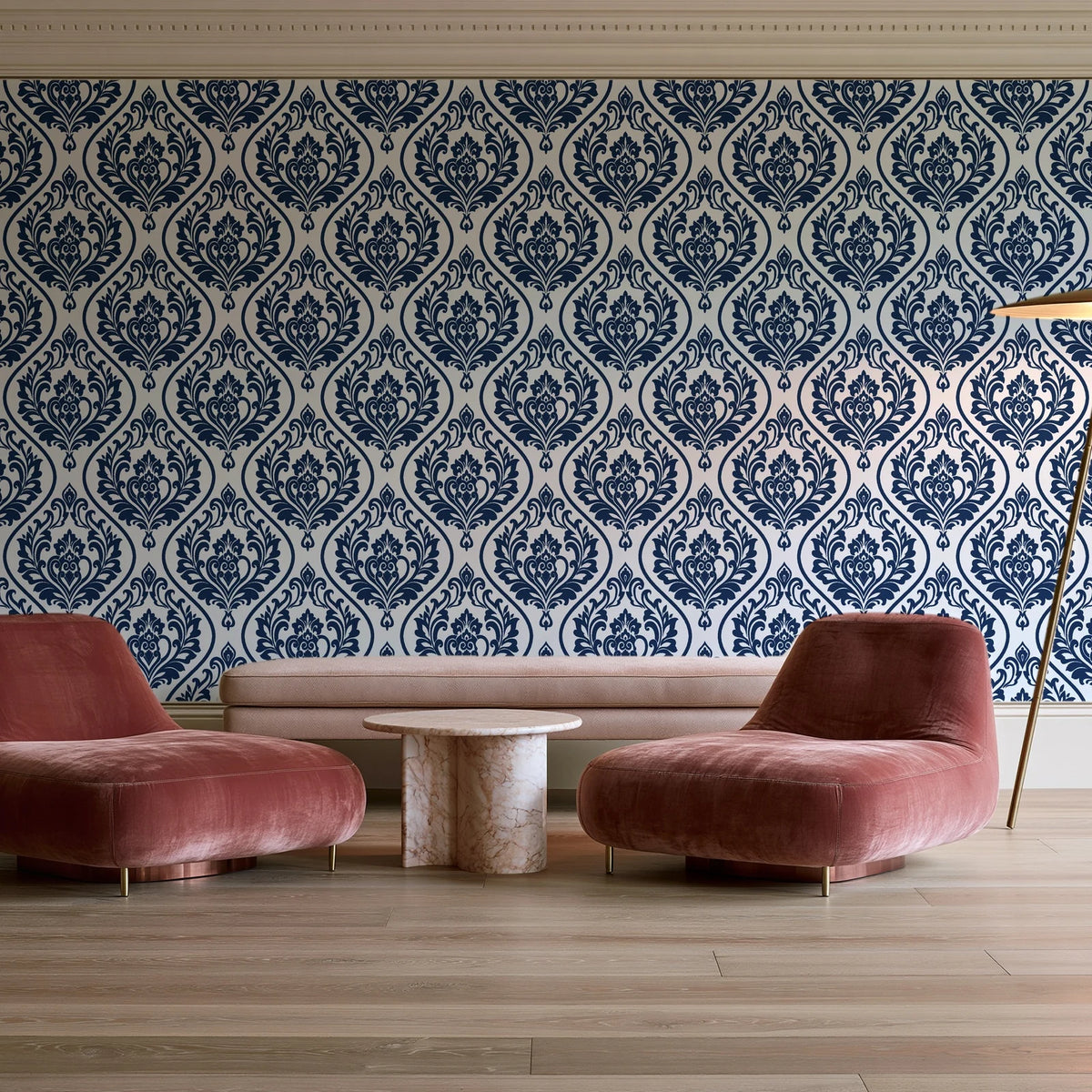 Secret Arbor Midnight damask wallpaper in a boutique hotel sitting area