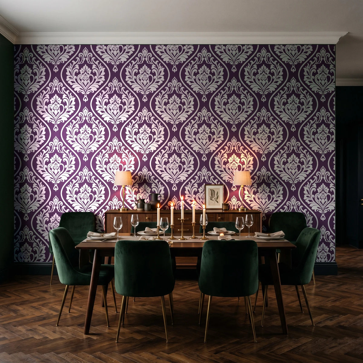 Secret Arbor Plum damask wallpaper in a dark moody dining room with a candlelit table