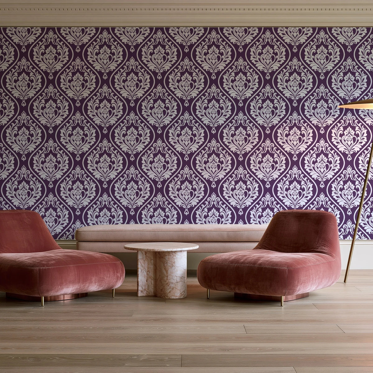 Secret Arbor Plum damask wallpaper in a boutique hotel sitting area