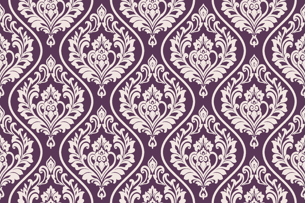 Secret Arbor Plum damask wallpaper in plum and pearl