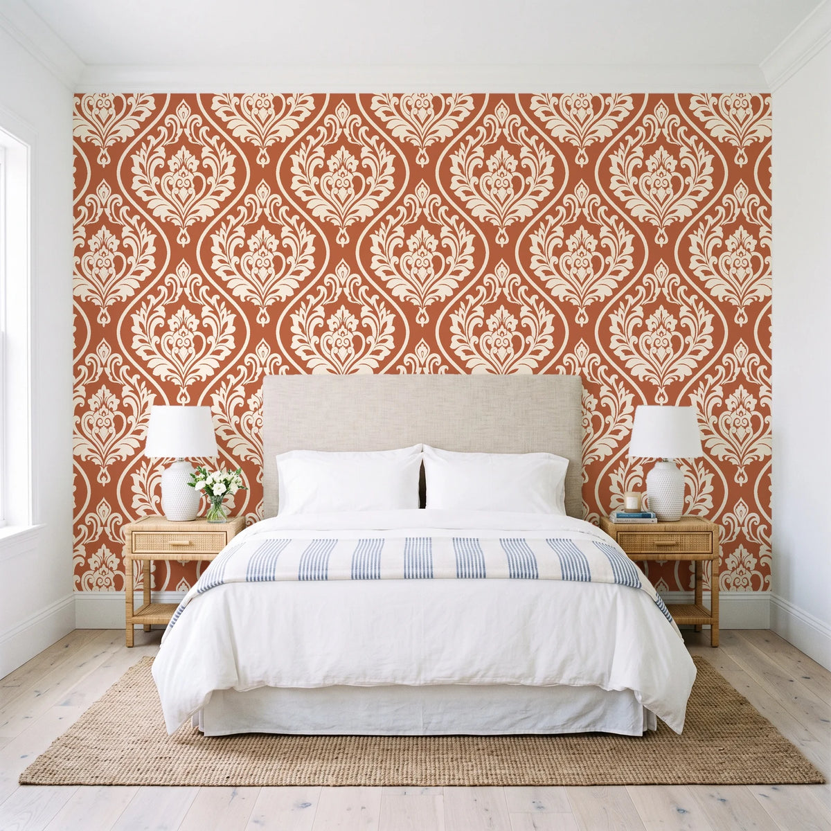 Secret Arbor Terracotta damask wallpaper behind a queen bed in a bright coastal bedroom