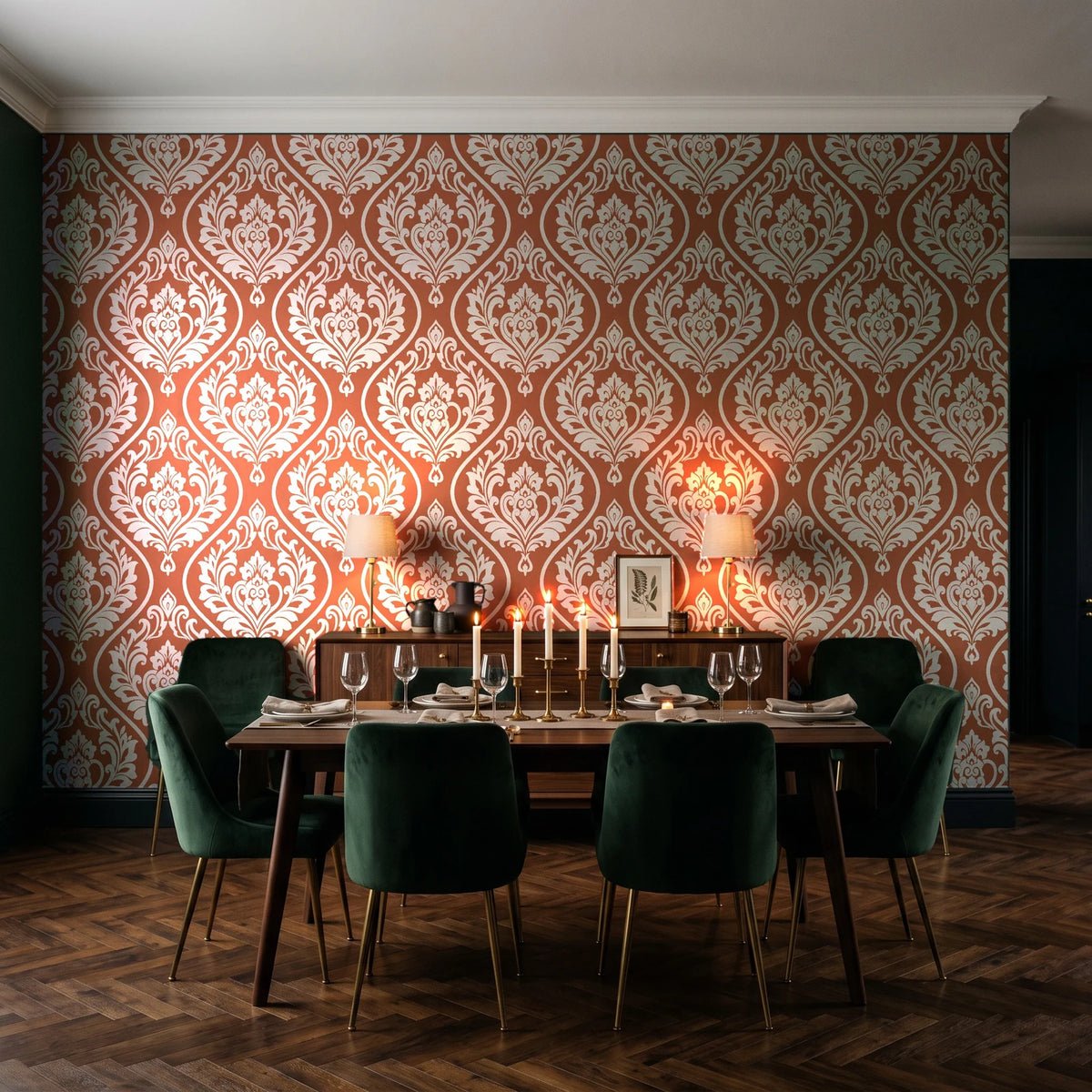 Secret Arbor Terracotta damask wallpaper in a dark moody dining room with a candlelit table
