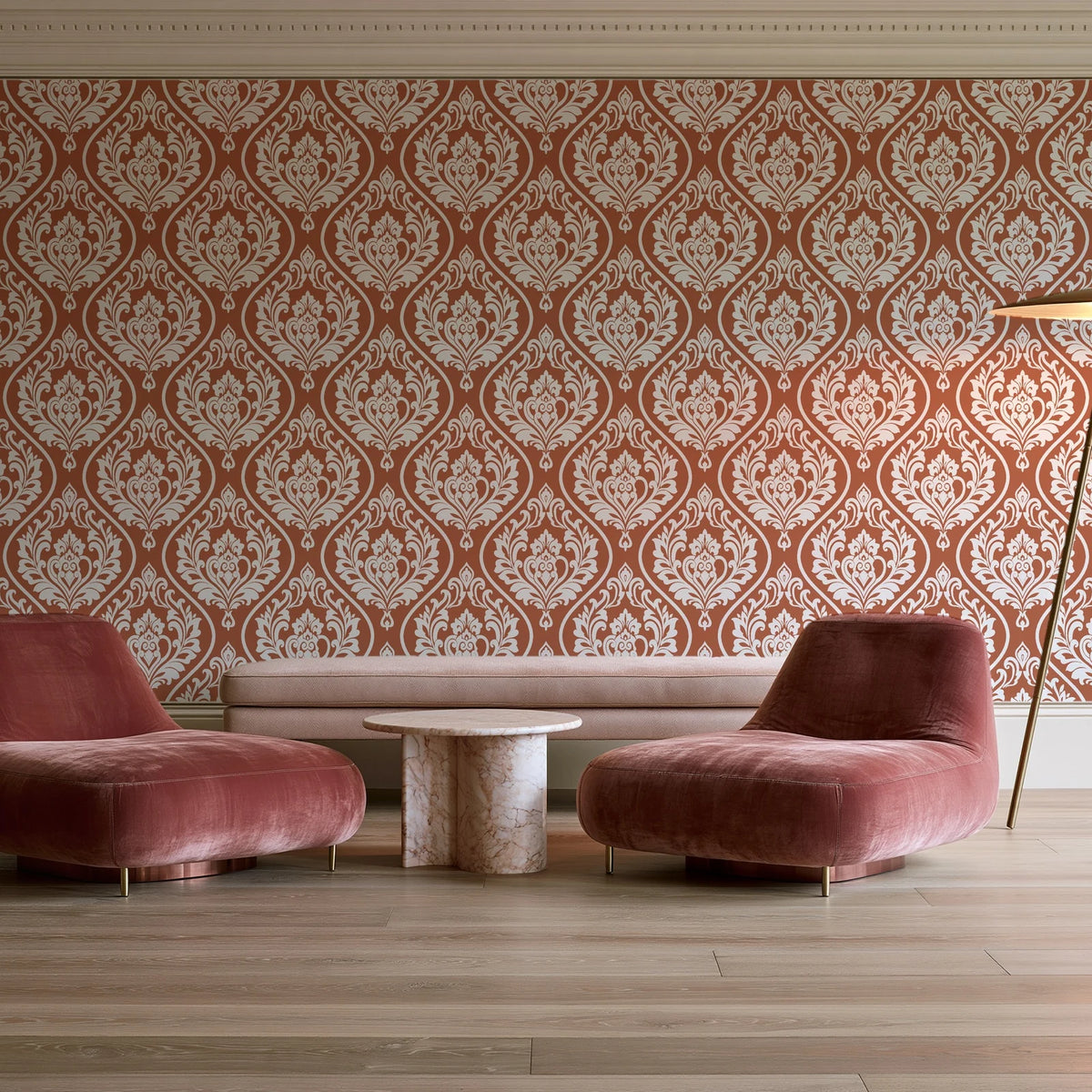Secret Arbor Terracotta damask wallpaper in a boutique hotel sitting area