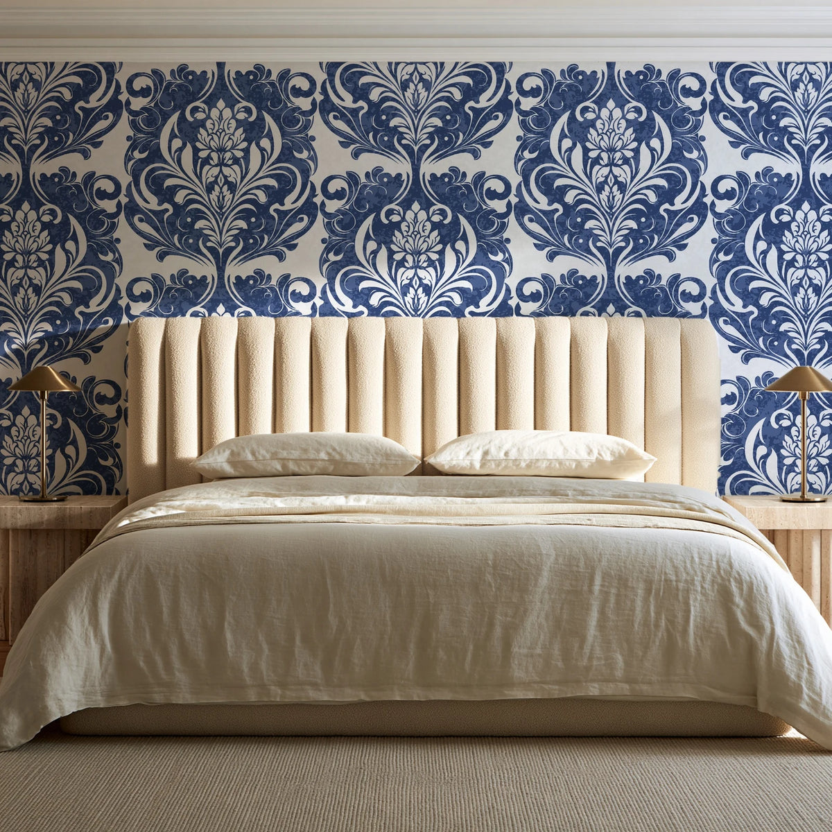 Serene Blossom Indigo damask wallpaper behind a channel-tufted bed in a calm primary bedroom