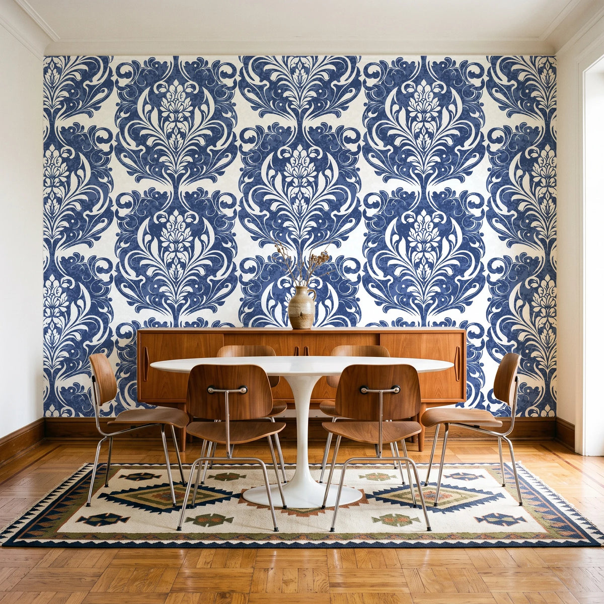 Serene Blossom Indigo damask wallpaper in a mid-century dining room with a teak sideboard and tulip table