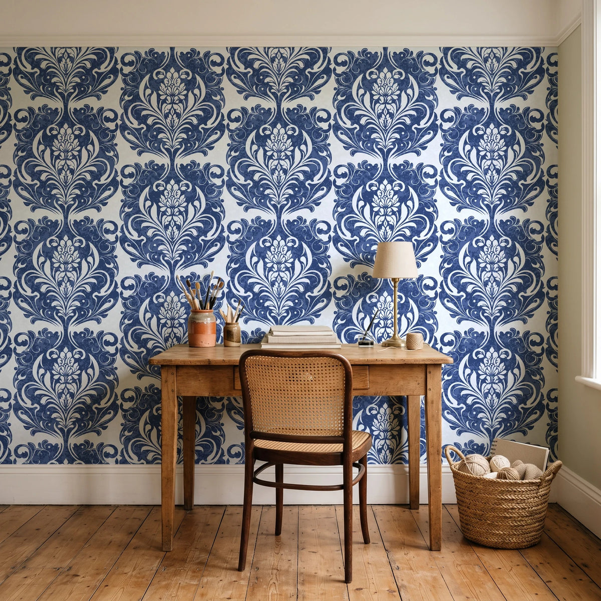 Serene Blossom Indigo damask wallpaper behind a vintage writing desk in a cozy craft-room home office