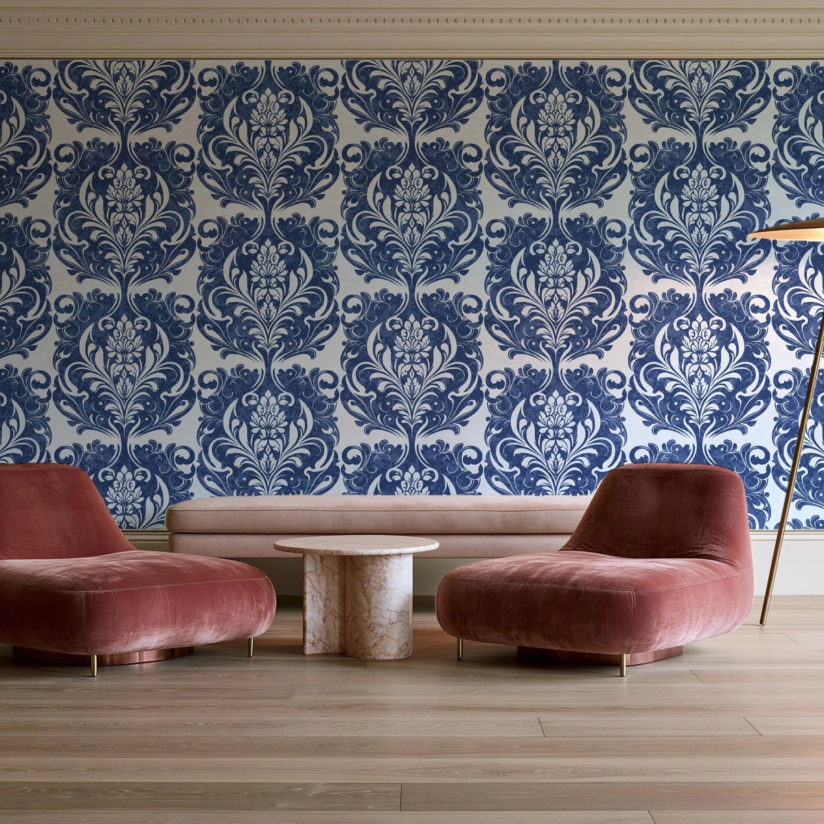 Serene Blossom Indigo damask wallpaper in a boutique hotel sitting area