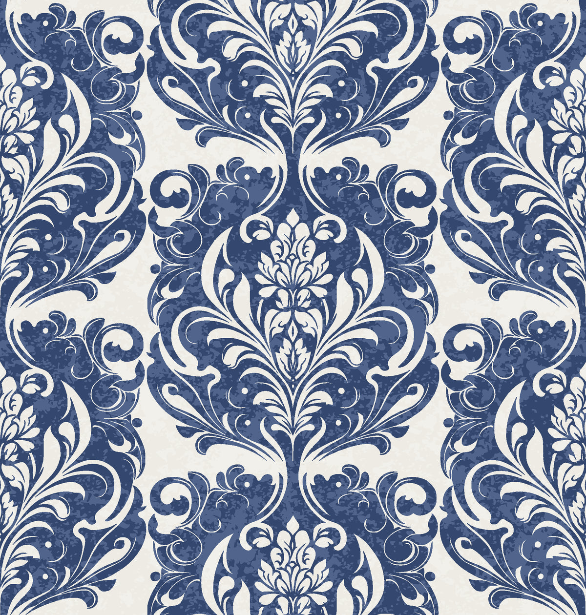 Serene Blossom Indigo damask wallpaper in indigo and linen