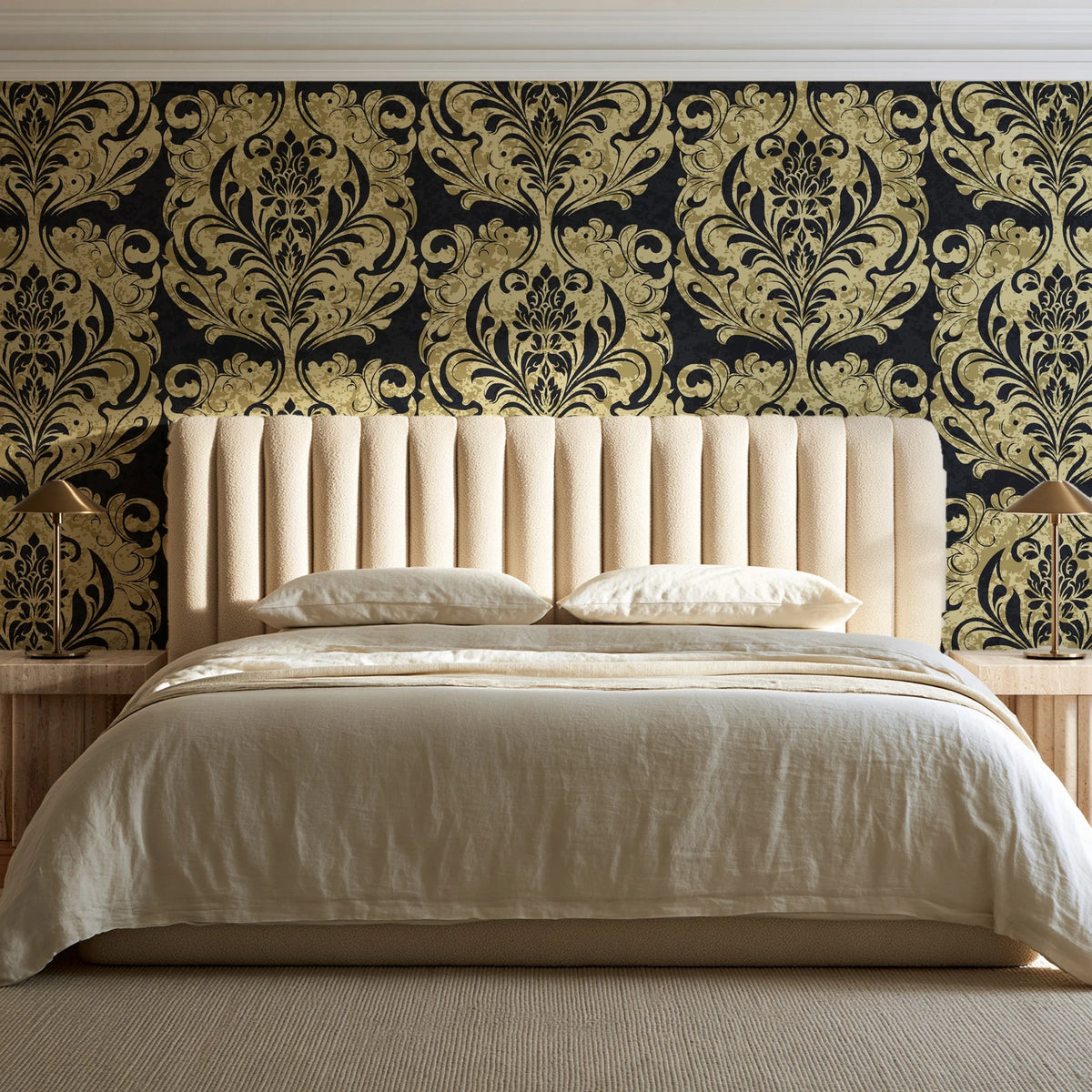 Serene Blossom Noir damask wallpaper behind a channel-tufted bed in a calm primary bedroom