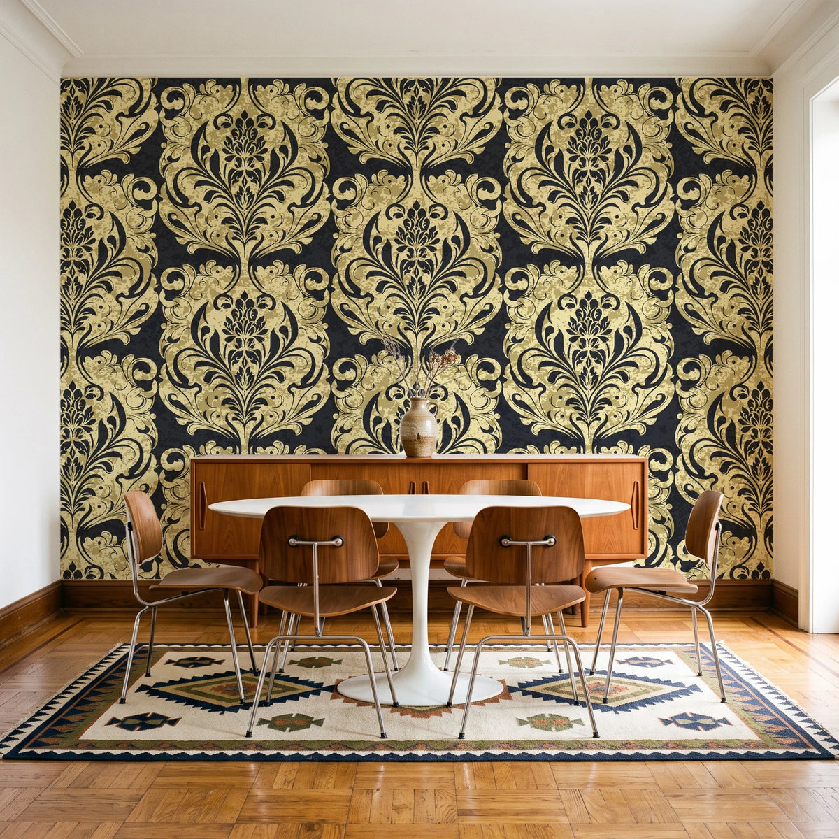 Serene Blossom Noir damask wallpaper in a mid-century dining room with a teak sideboard and tulip table