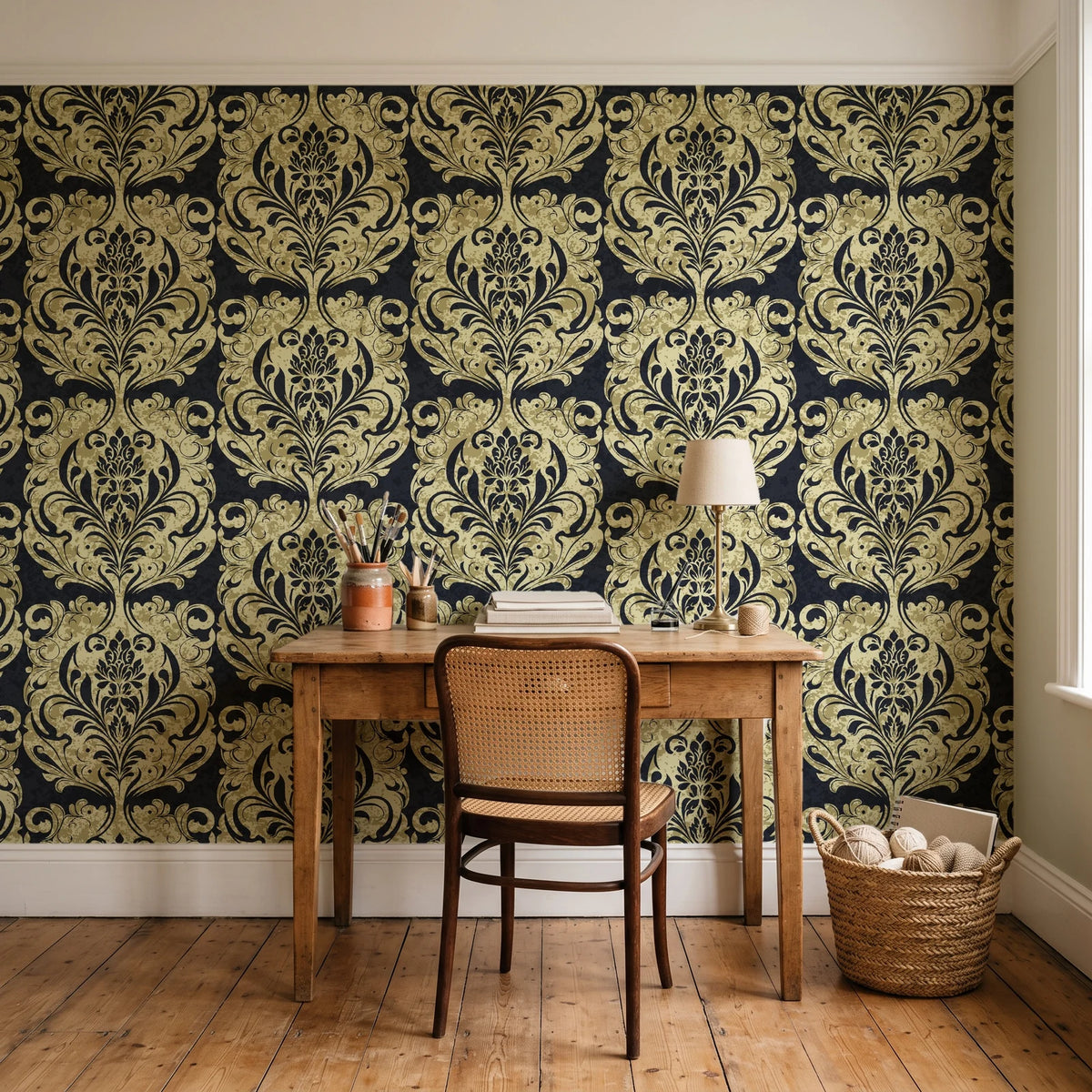 Serene Blossom Noir damask wallpaper behind a vintage writing desk in a cozy craft-room home office