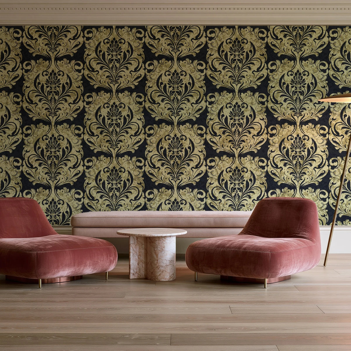 Serene Blossom Noir damask wallpaper in a boutique hotel sitting area
