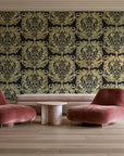 Serene Blossom Noir damask wallpaper in a boutique hotel sitting area