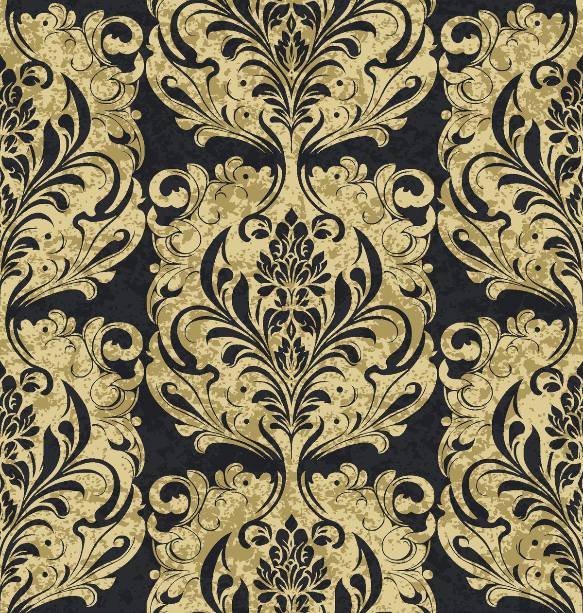Serene Blossom Noir damask wallpaper in black and gold