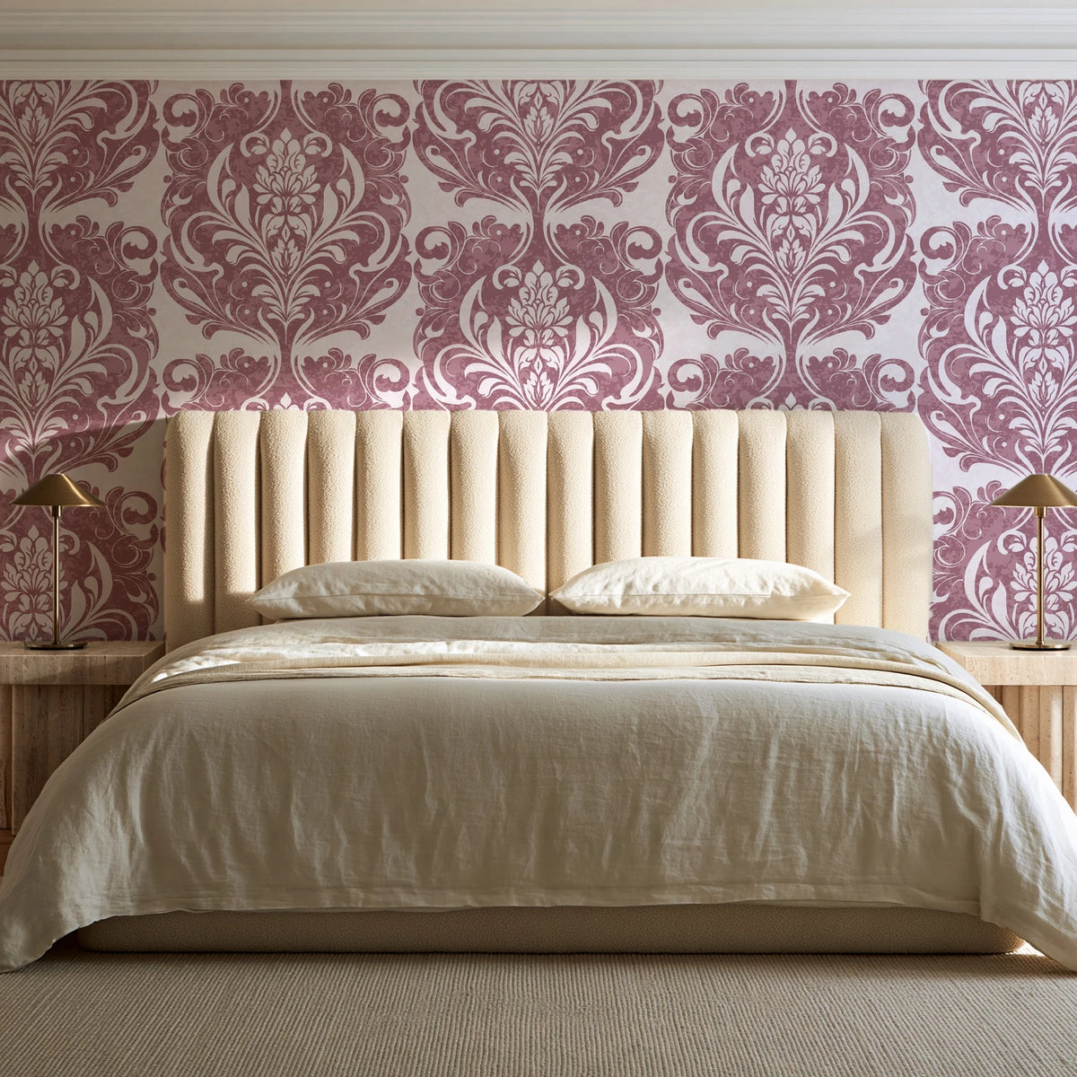 Serene Blossom Rose damask wallpaper behind a channel-tufted bed in a calm primary bedroom