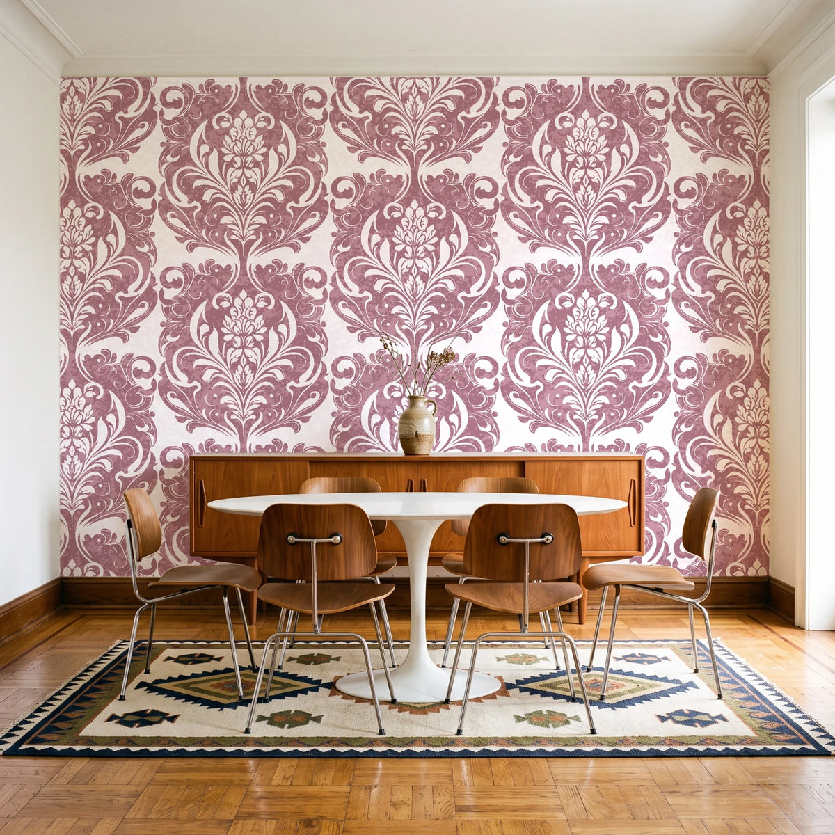 Serene Blossom Rose damask wallpaper in a mid-century dining room with a teak sideboard and tulip table