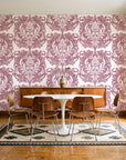 Serene Blossom Rose damask wallpaper in a mid-century dining room with a teak sideboard and tulip table