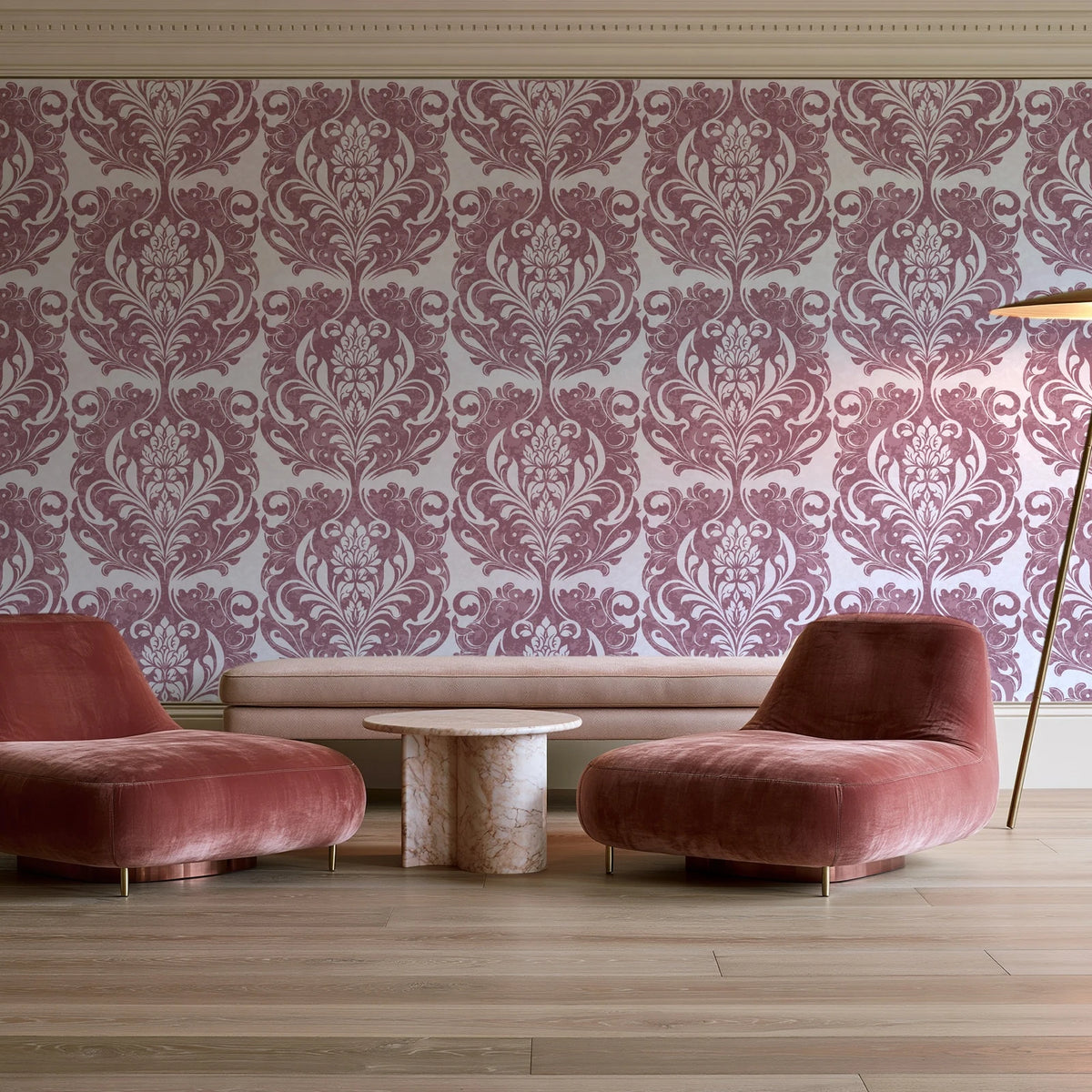 Serene Blossom Rose damask wallpaper in a boutique hotel sitting area