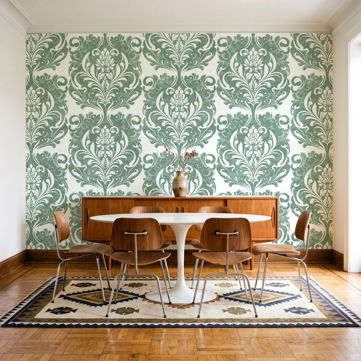 Serene Blossom Sage damask wallpaper in a mid-century dining room with a teak sideboard and tulip table