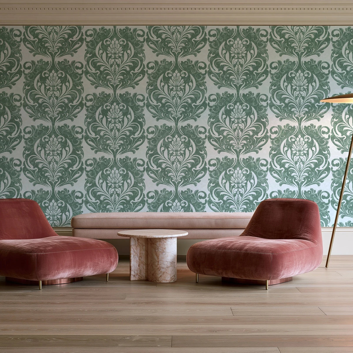 Serene Blossom Sage damask wallpaper in a boutique hotel sitting area
