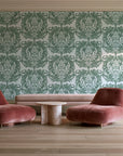 Serene Blossom Sage damask wallpaper in a boutique hotel sitting area