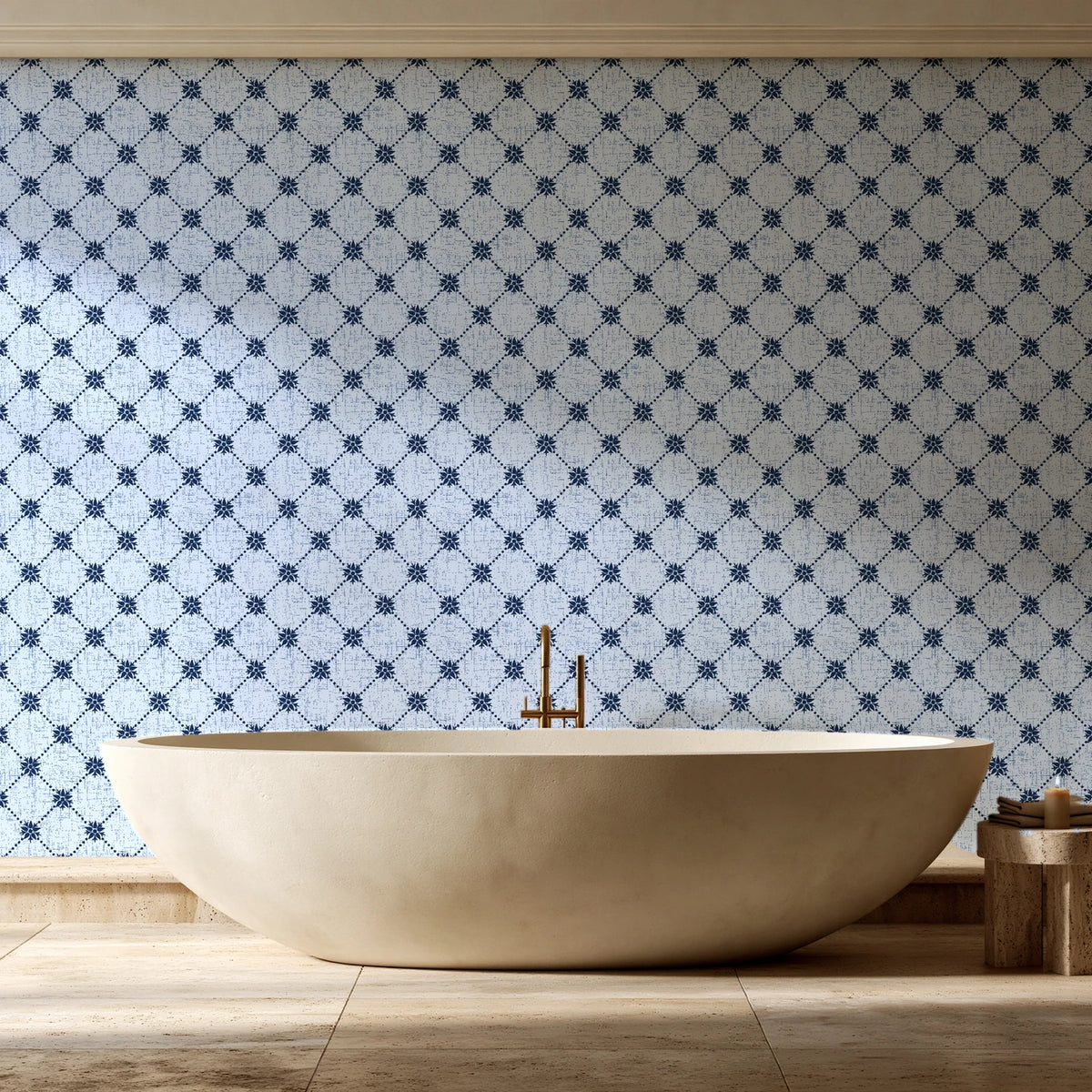 Shadow Garden Navy lattice floral wallpaper creating ambiance in a serene spa bathroom