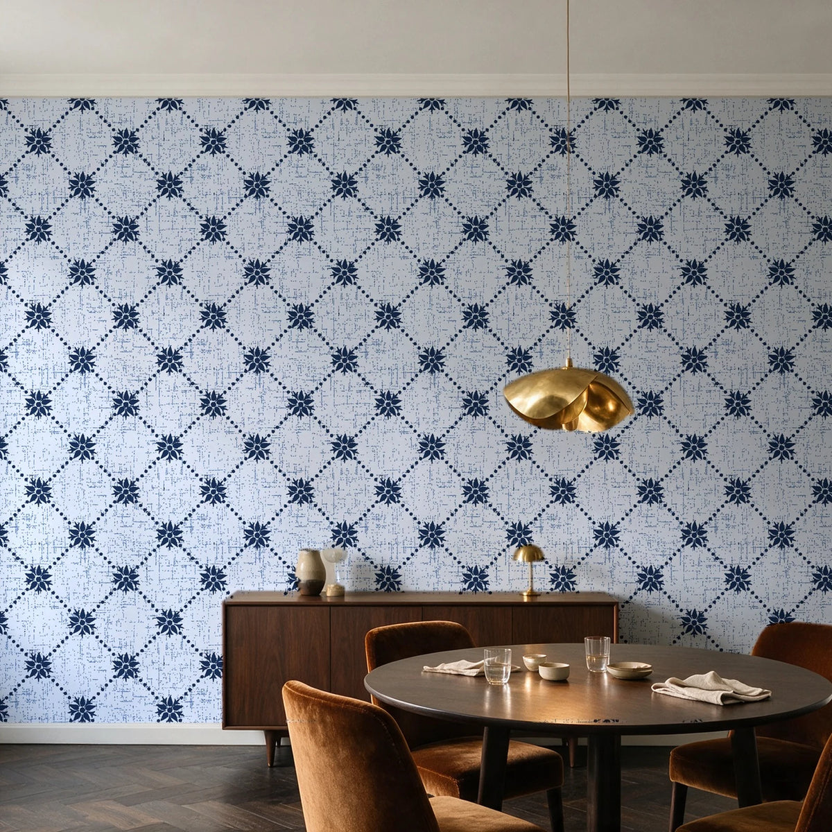 Shadow Garden Navy lattice floral wallpaper in an elegant dining room