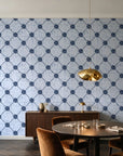 Shadow Garden Navy lattice floral wallpaper in an elegant dining room