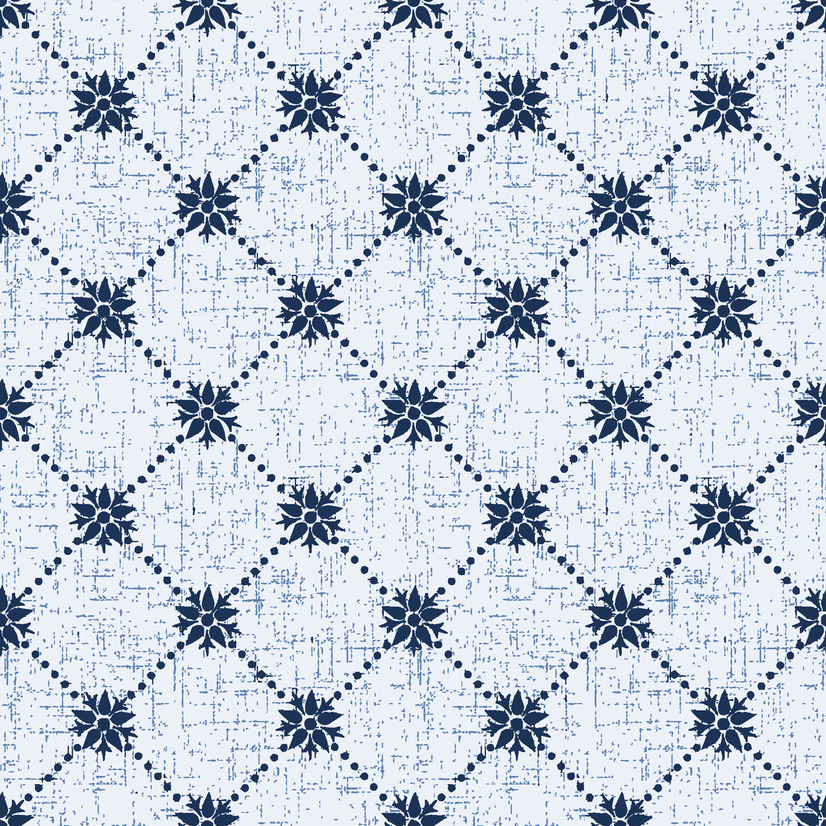 Shadow Garden Navy lattice floral wallpaper in navy and pearl
