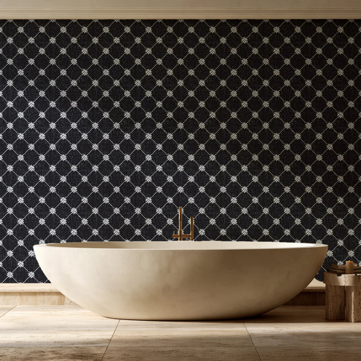 Shadow Garden Onyx lattice floral wallpaper creating ambiance in a serene spa bathroom