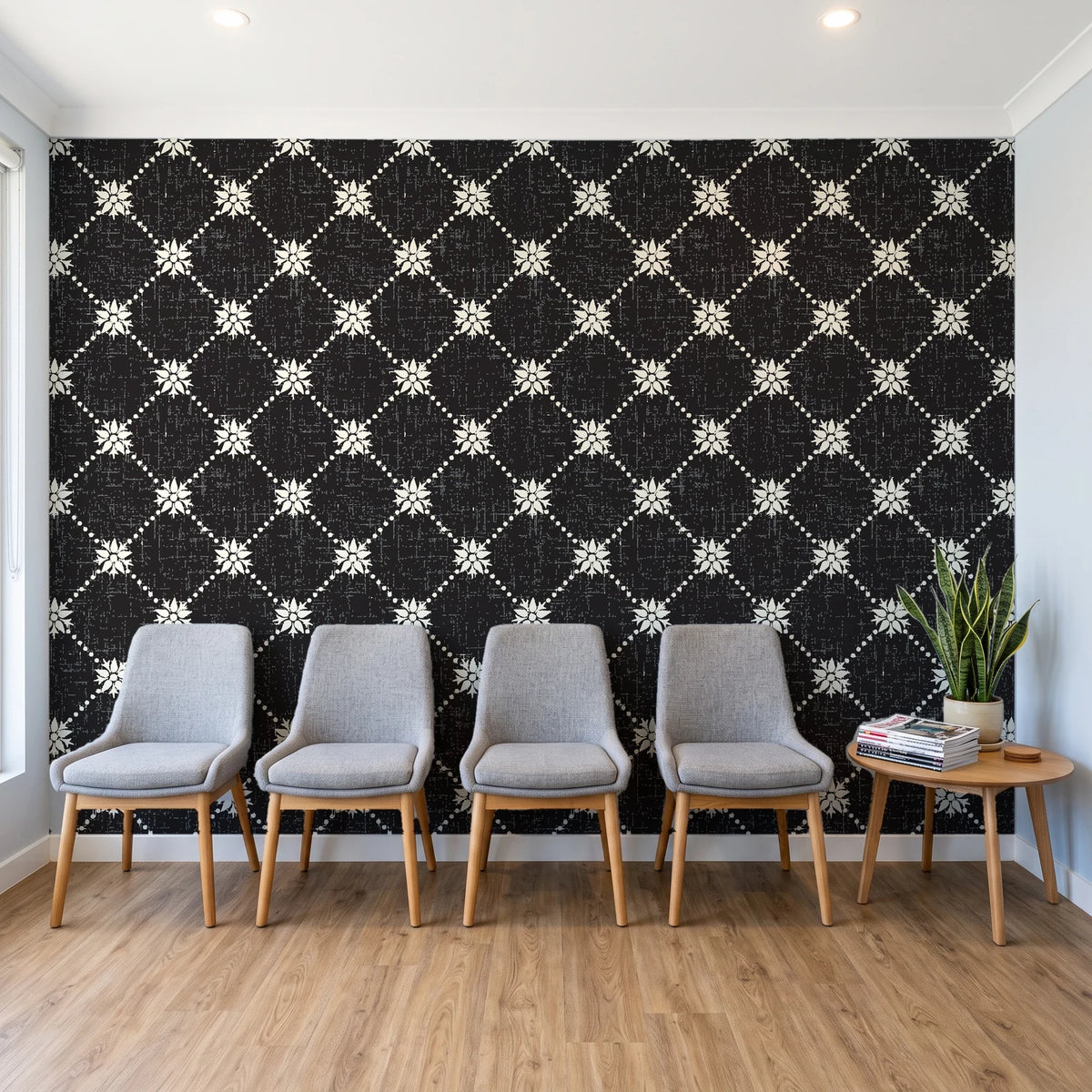 Shadow Garden Onyx lattice floral wallpaper behind a row of upholstered chairs in a bright clinic waiting room