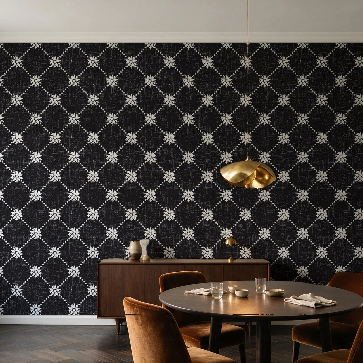 Shadow Garden Onyx lattice floral wallpaper in an elegant dining room