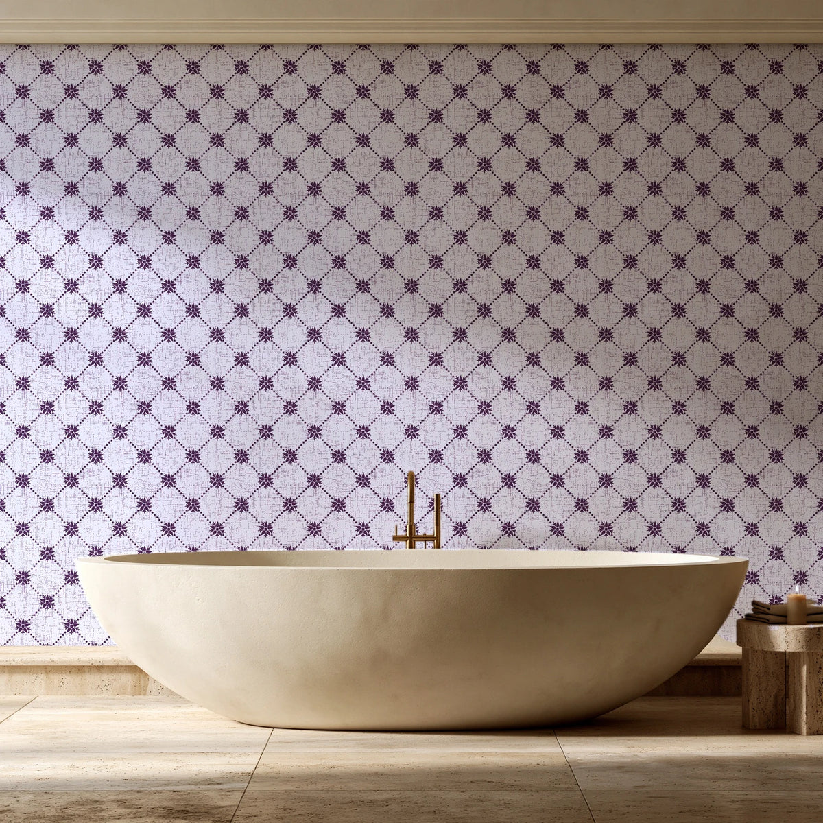 Shadow Garden Plum lattice floral wallpaper creating ambiance in a serene spa bathroom