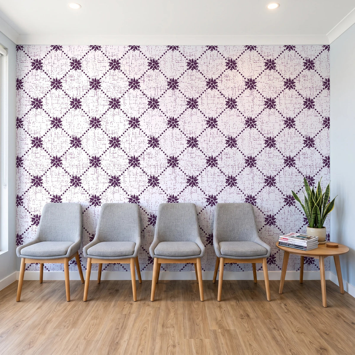 Shadow Garden Plum lattice floral wallpaper behind a row of upholstered chairs in a bright clinic waiting room