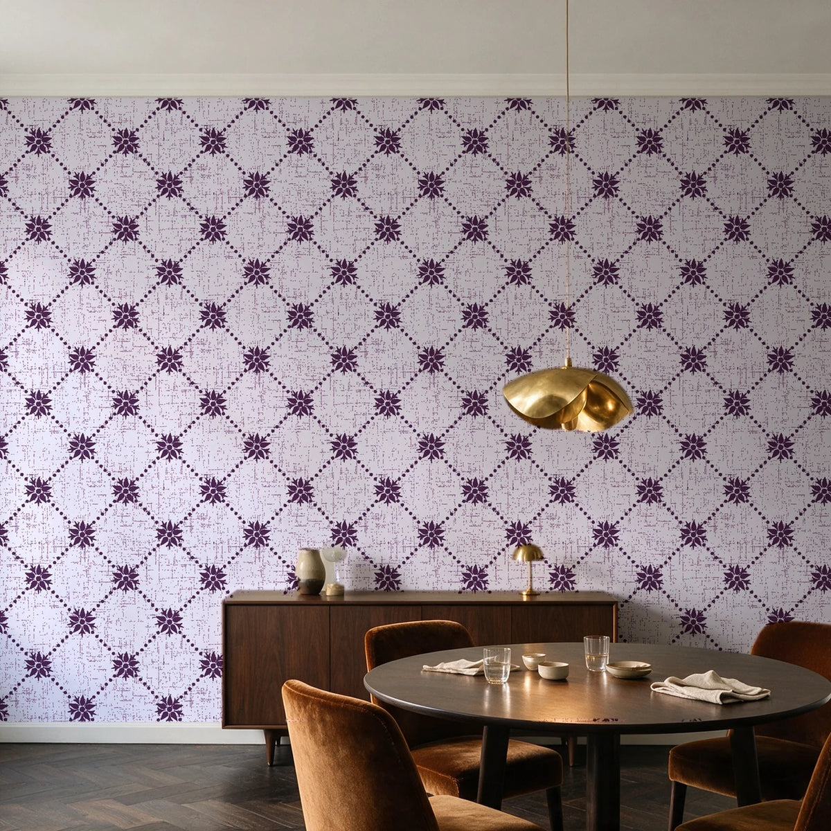 Shadow Garden Plum lattice floral wallpaper in an elegant dining room