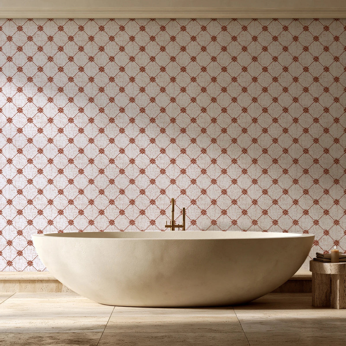 Shadow Garden Terracotta lattice floral wallpaper creating ambiance in a serene spa bathroom