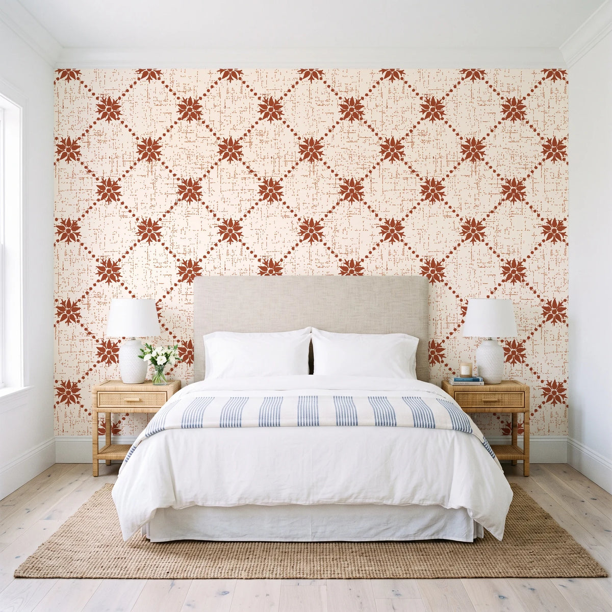 Shadow Garden Terracotta lattice floral wallpaper behind a queen bed in a bright coastal bedroom