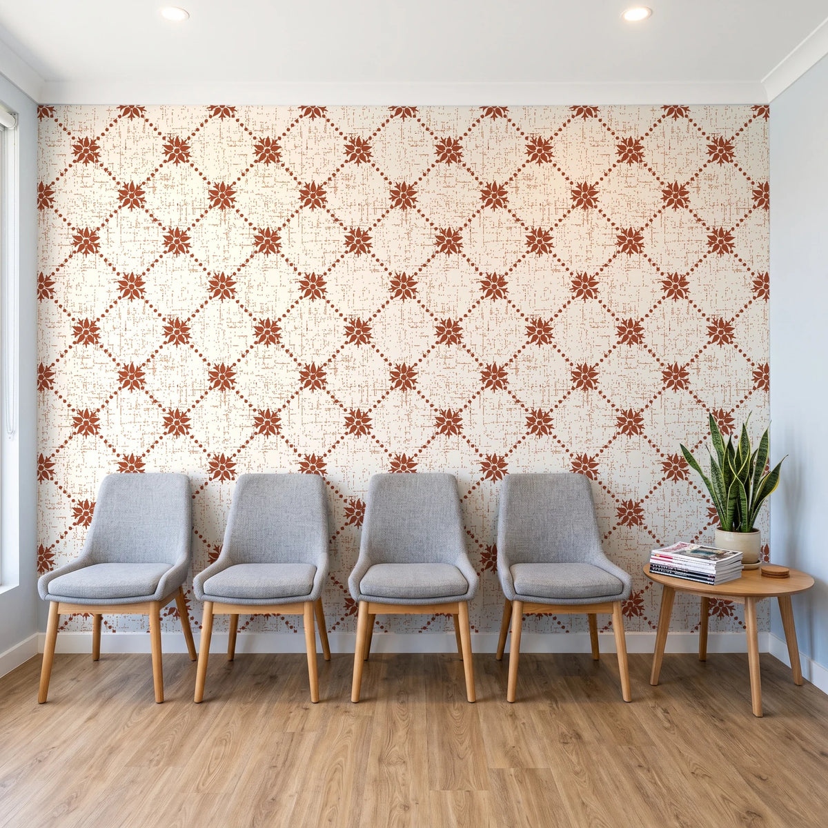 Shadow Garden Terracotta lattice floral wallpaper behind a row of upholstered chairs in a bright clinic waiting room