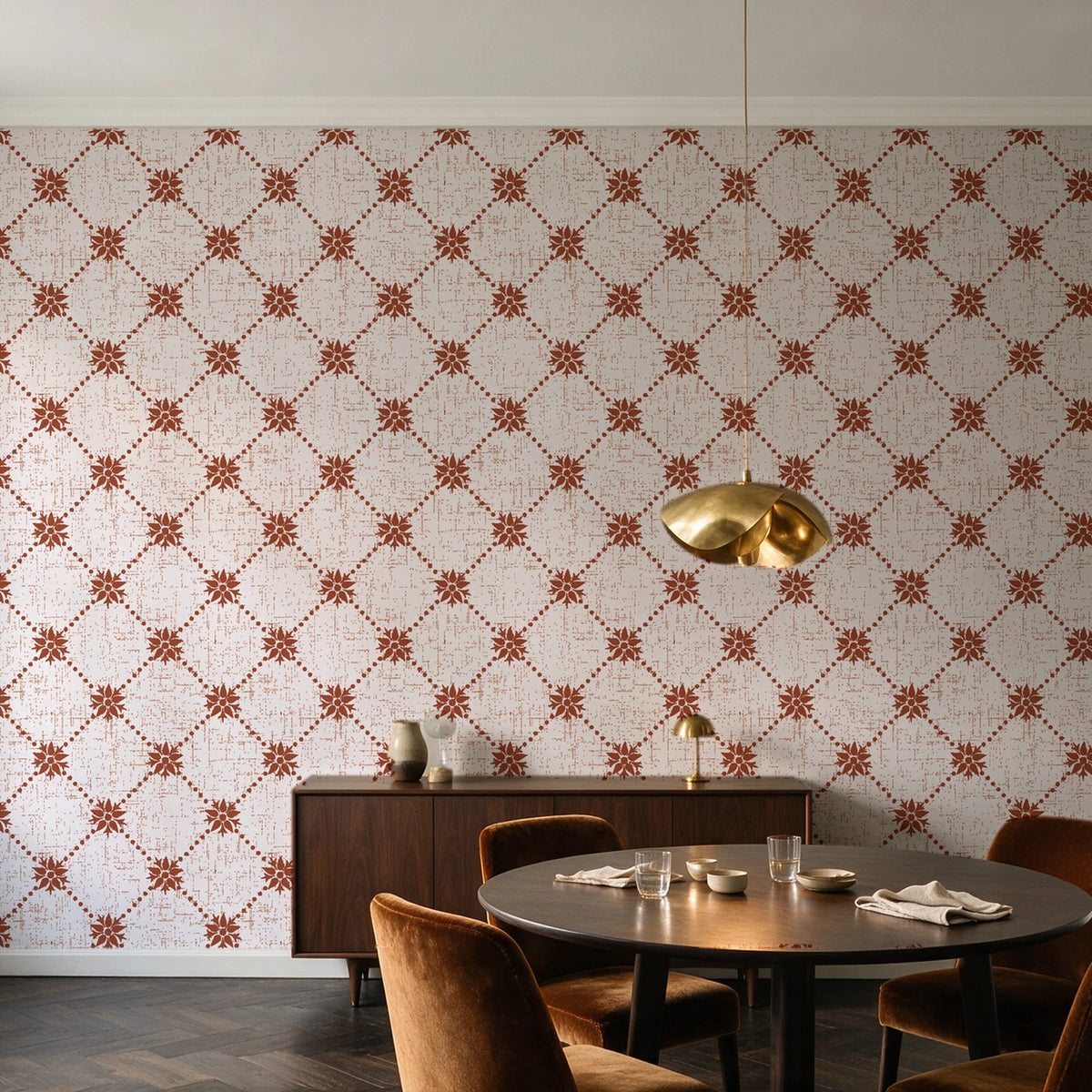 Shadow Garden Terracotta lattice floral wallpaper in an elegant dining room