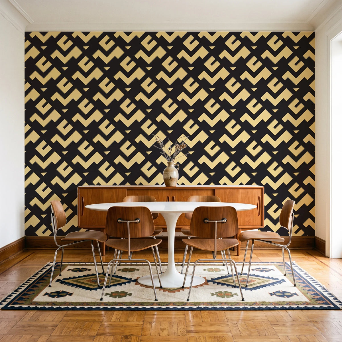 Signal & Edge Noir geometric wallpaper in a mid-century dining room with a teak sideboard and tulip table