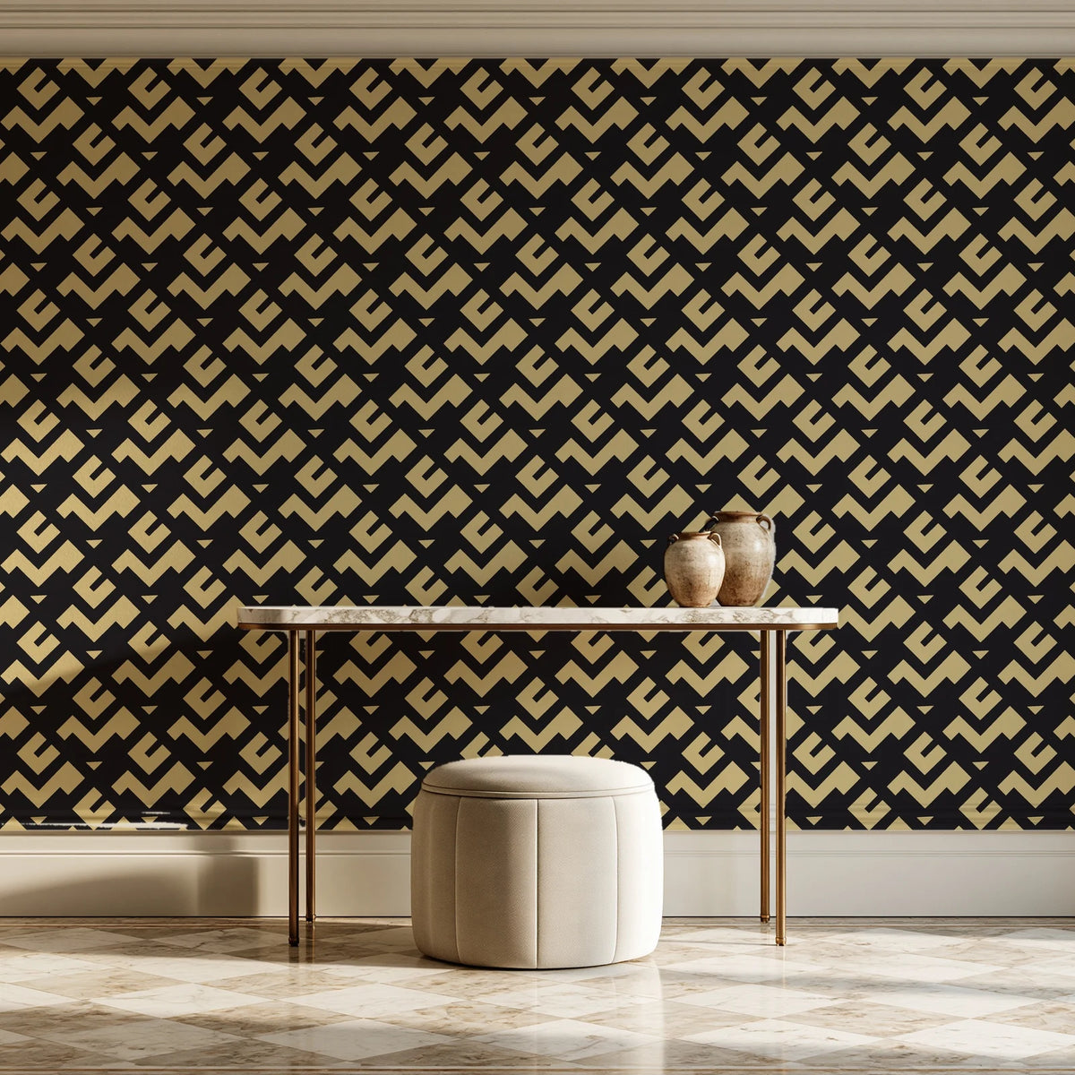 Signal & Edge Noir geometric wallpaper on the wall of a grand entry foyer