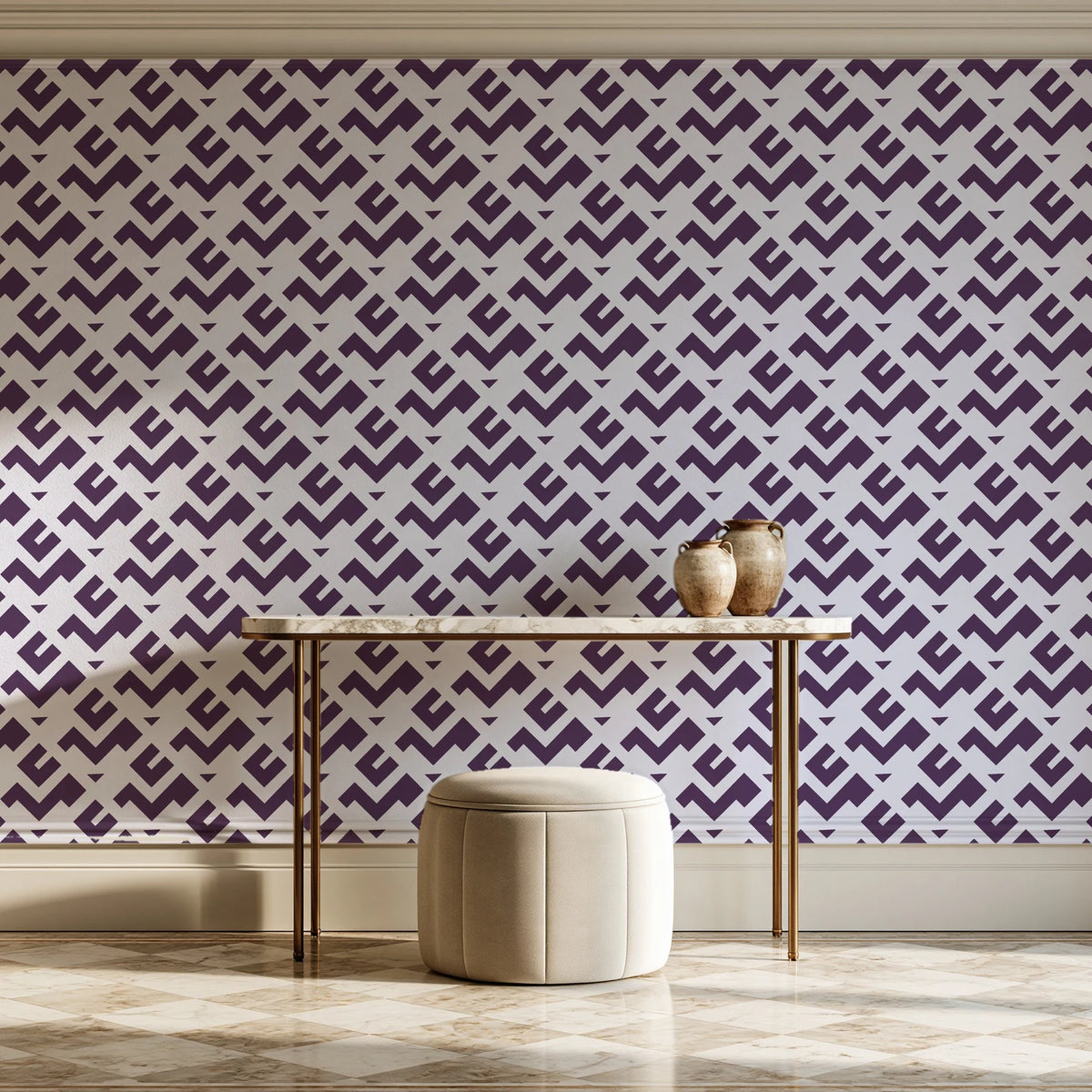 Signal & Edge Plum geometric wallpaper on the wall of a grand entry foyer