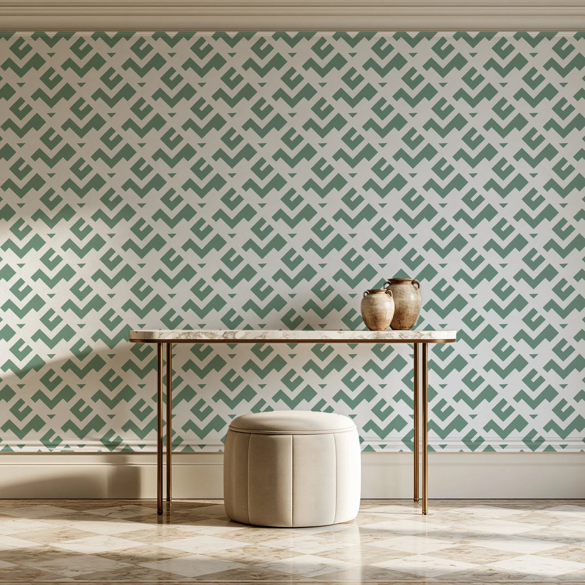 Signal & Edge Sage geometric wallpaper on the wall of a grand entry foyer