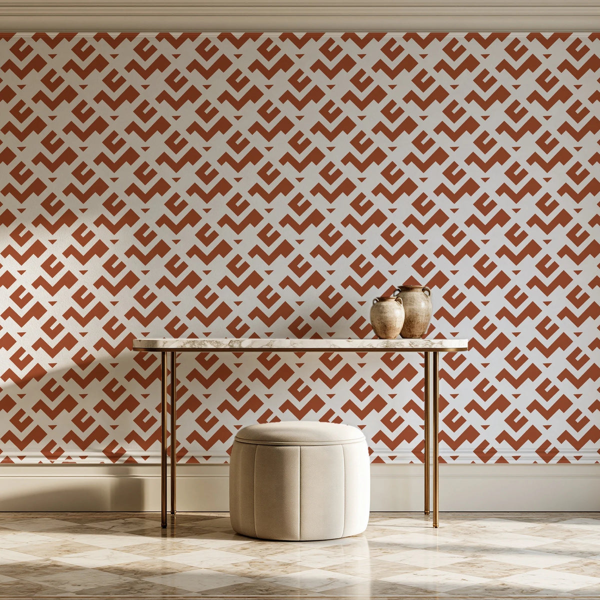 Signal & Edge Terracotta geometric wallpaper on the wall of a grand entry foyer
