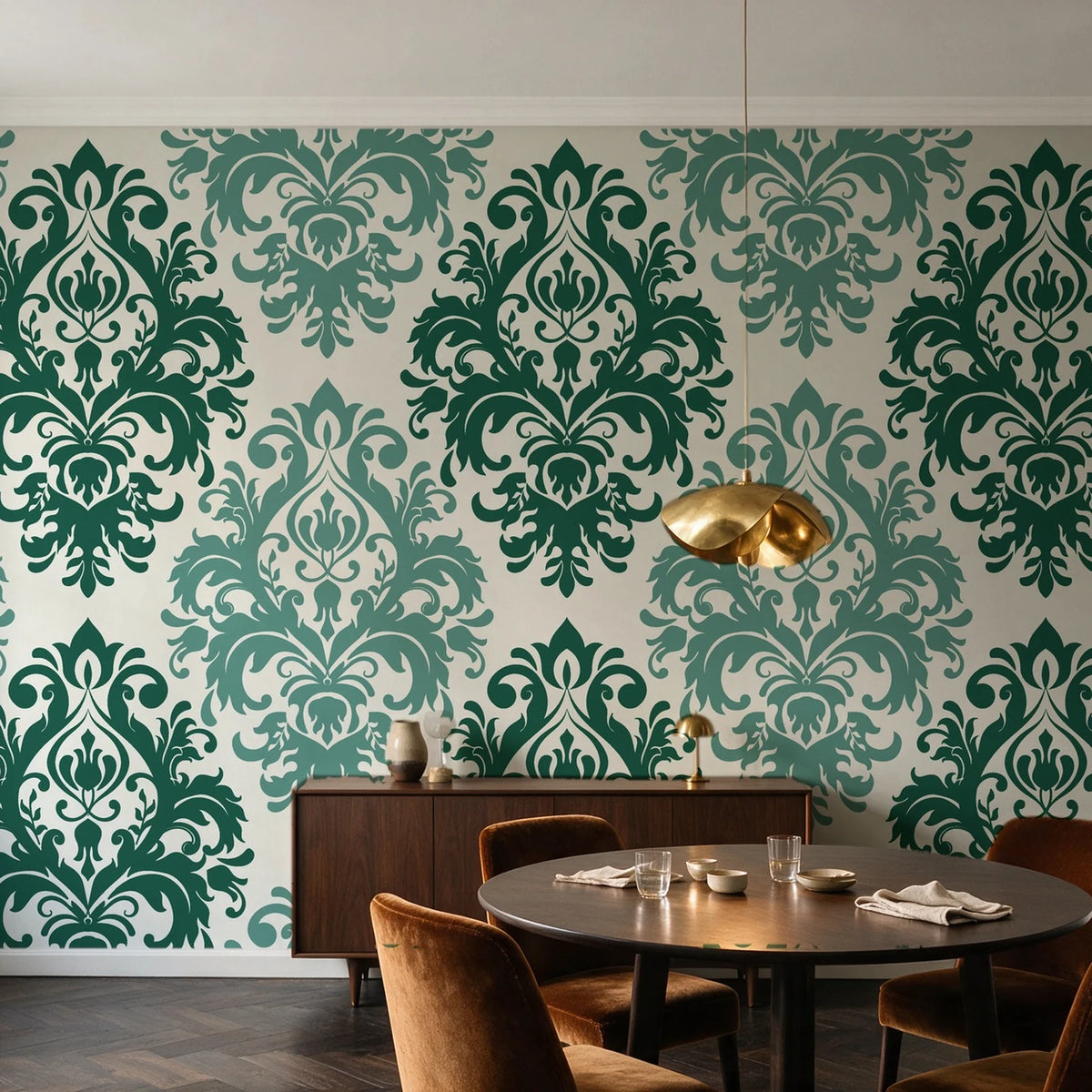 Silent Bouquet Emerald damask wallpaper in an elegant dining room
